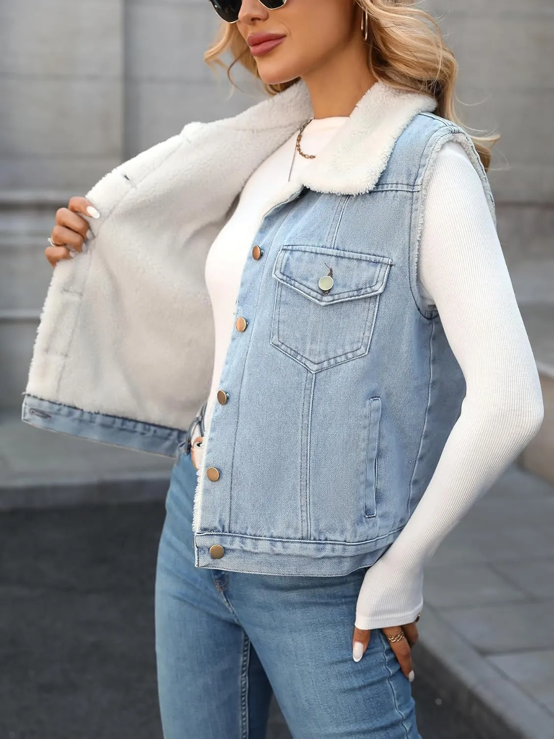 Denim Vest with Faux Fur Collar for Women