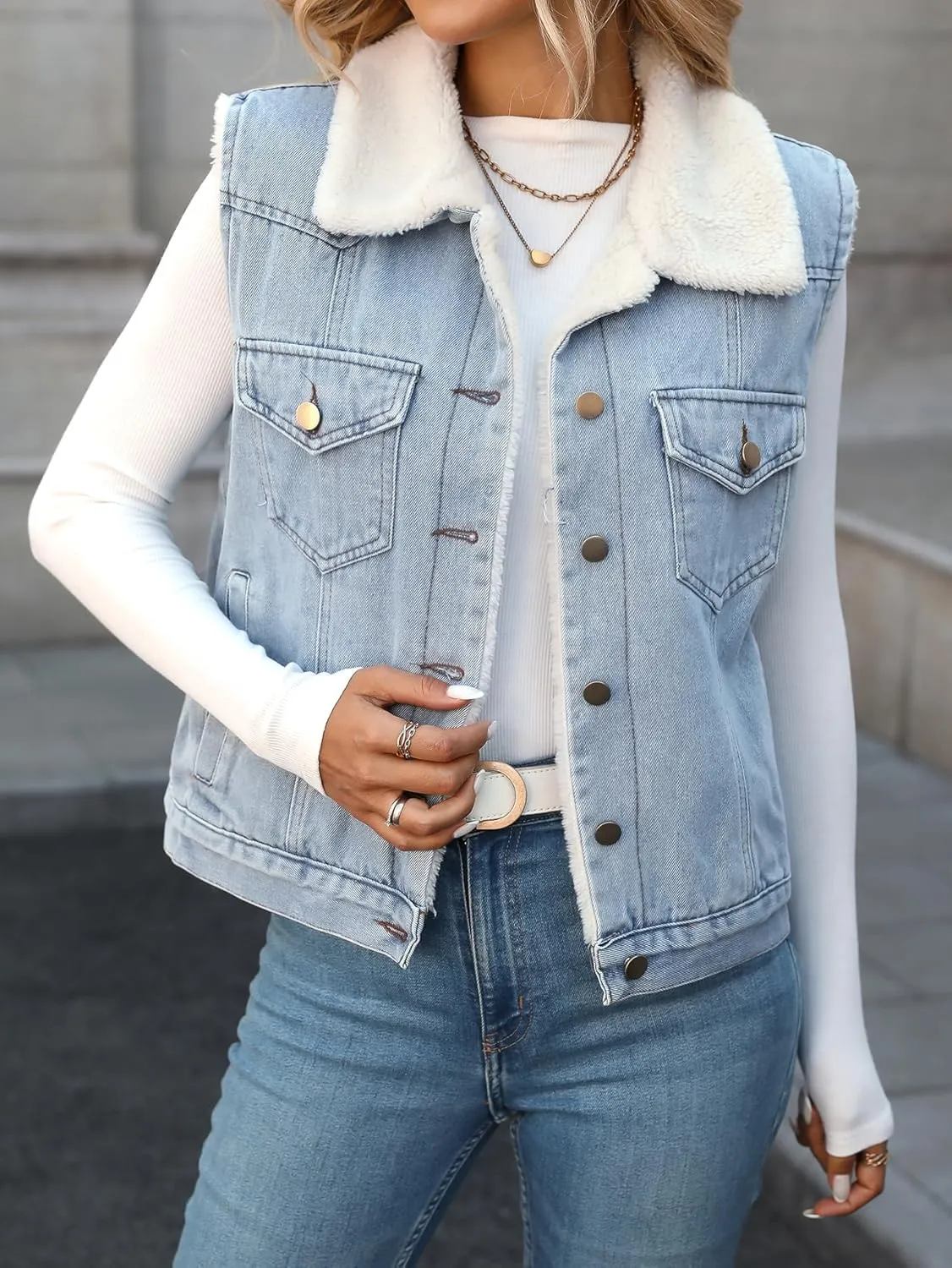 Denim Vest with Faux Fur Collar for Women