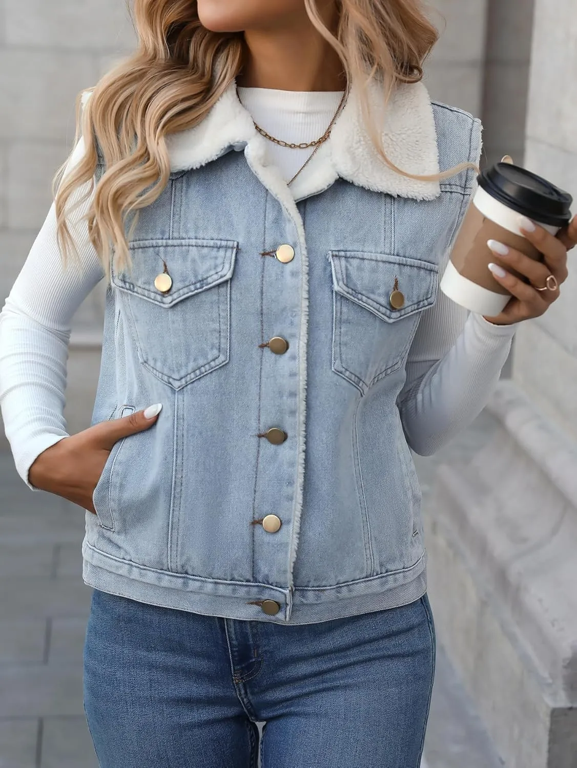 Denim Vest with Faux Fur Collar for Women