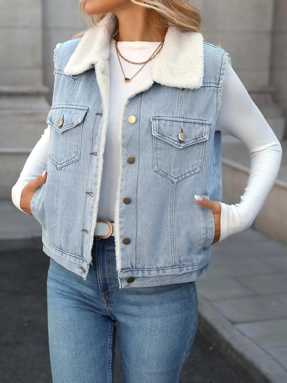 Denim Vest with Faux Fur Collar for Women