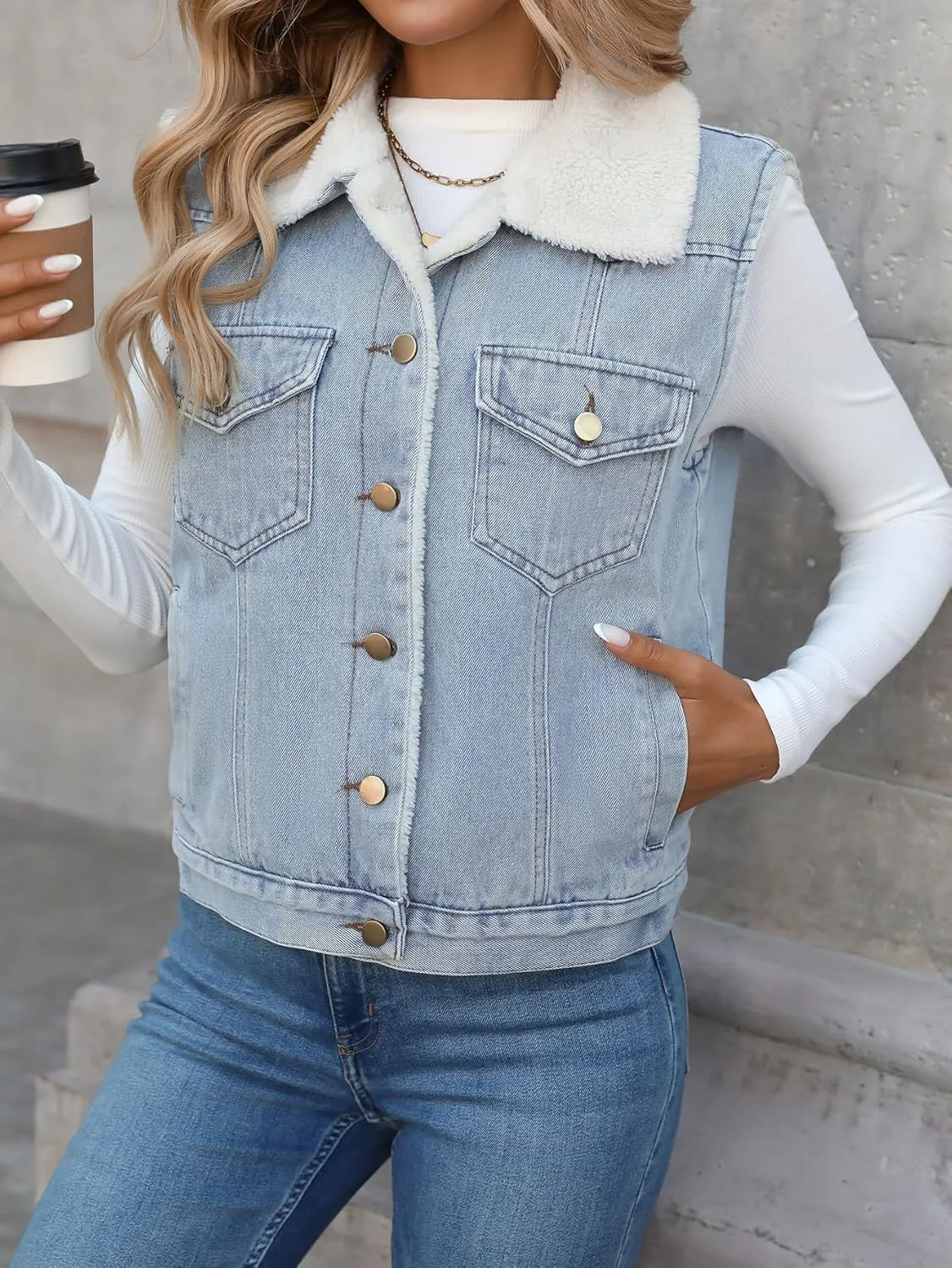 Denim Vest with Faux Fur Collar for Women