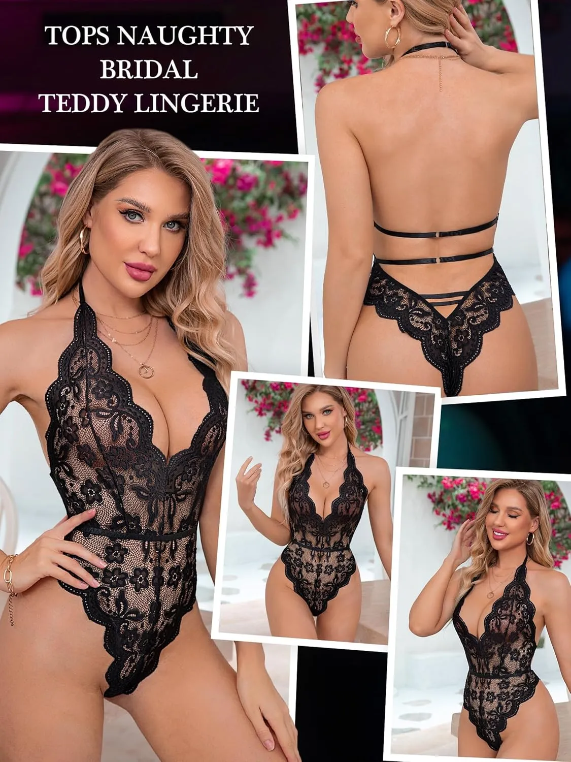 Dlsave Sexy Lingerie for Women,Deep V-Neck Lace Bodysuit Bridal Lingerie Backless One piece Teddy Body Suits Tops Wedding