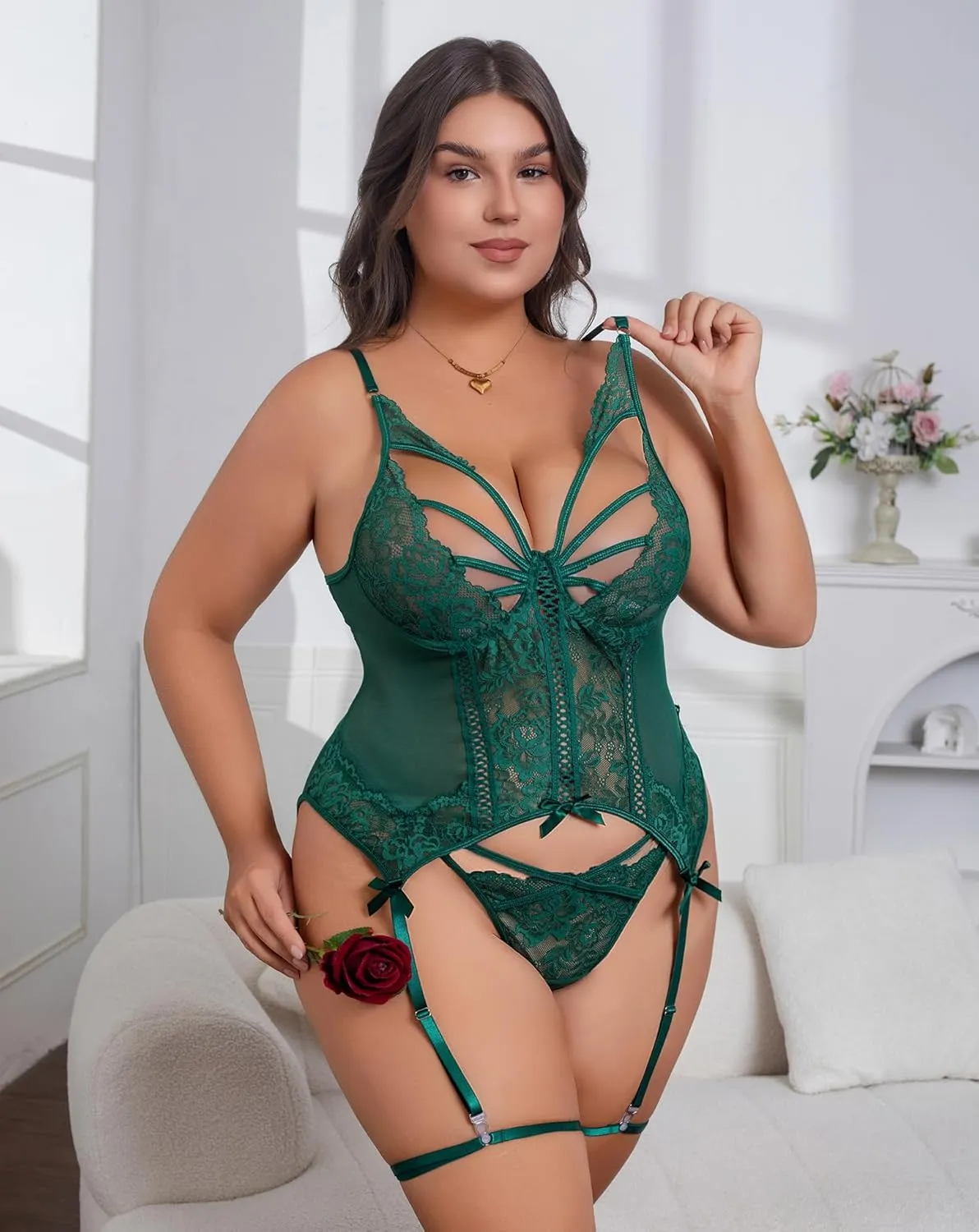 Donnalla Plus Size Lingerie for Curvy Women Sexy Lace Corset and Panty Outfits Garter Lingerie Sets L-4XL