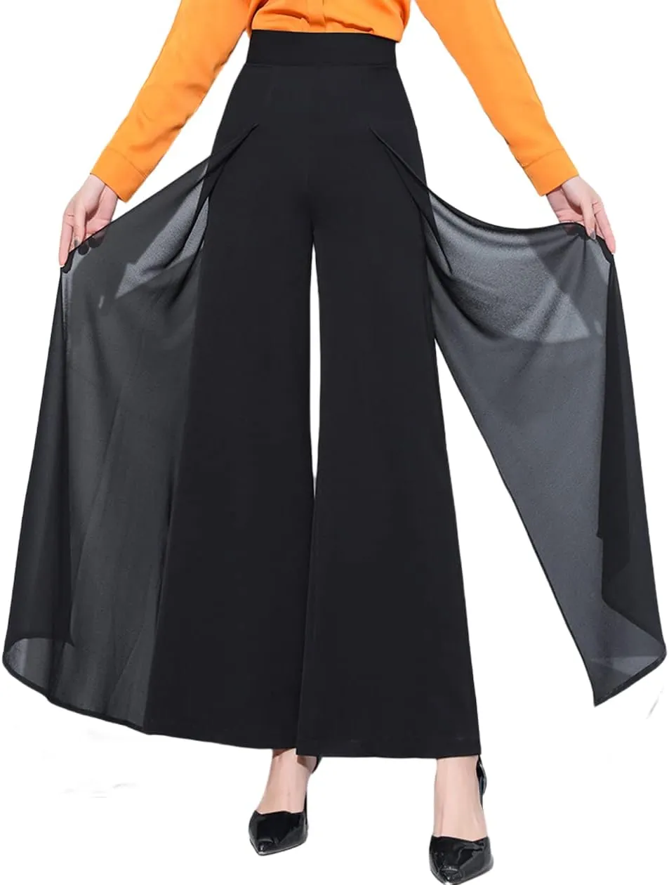 Double Plus Open Womens Chiffon High Waist Palazzo Dressy Pants Flare Elastic Waist Culottes Trousers Pant
