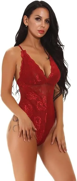 dream love Women Snap Crotch Lingerie Sexy Lace Bodysuit Deep V Teddy One Piece Lace Babydoll S-XXL
