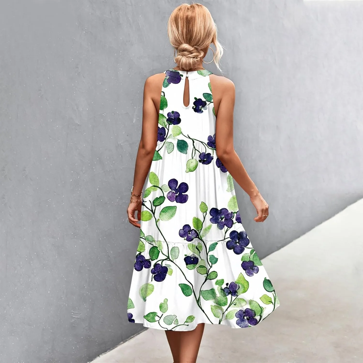 Dresses for Women 2025 Hanging Neck Splicing Beach Dress Floral Print Sleeveless Tank Dresses Casual Midi Dresses
