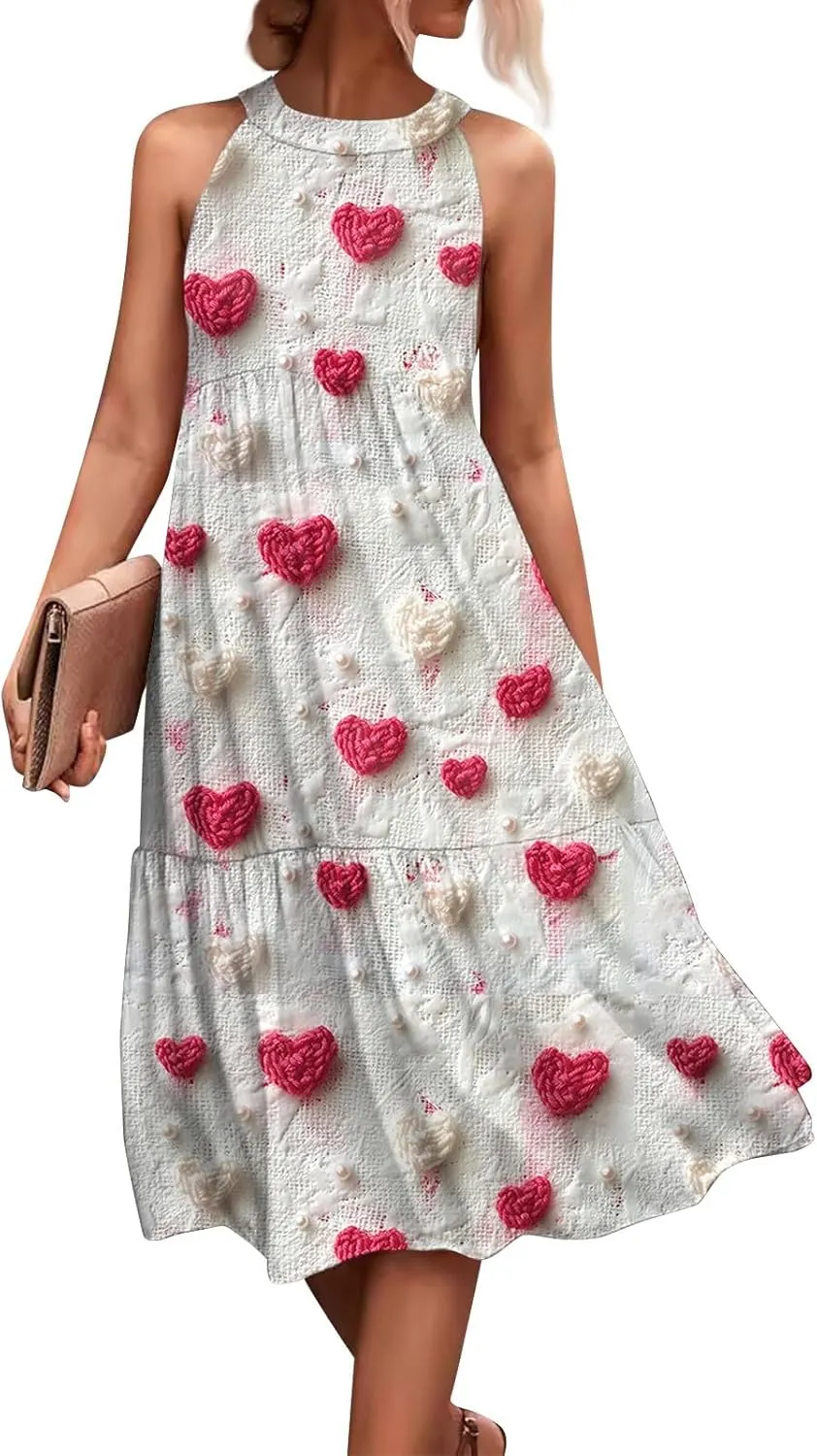 Dresses for Women 2025 Hanging Neck Splicing Beach Dress Floral Print Sleeveless Tank Dresses Casual Midi Dresses