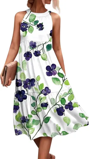 Dresses for Women 2025 Hanging Neck Splicing Beach Dress Floral Print Sleeveless Tank Dresses Casual Midi Dresses