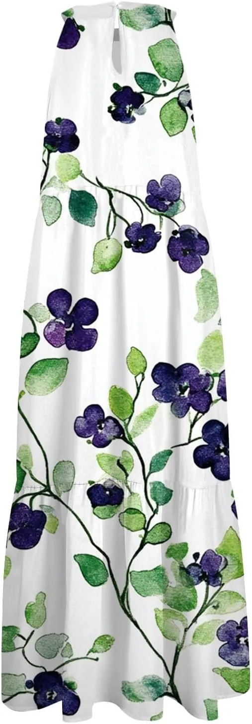 Dresses for Women 2025 Hanging Neck Splicing Beach Dress Floral Print Sleeveless Tank Dresses Casual Midi Dresses