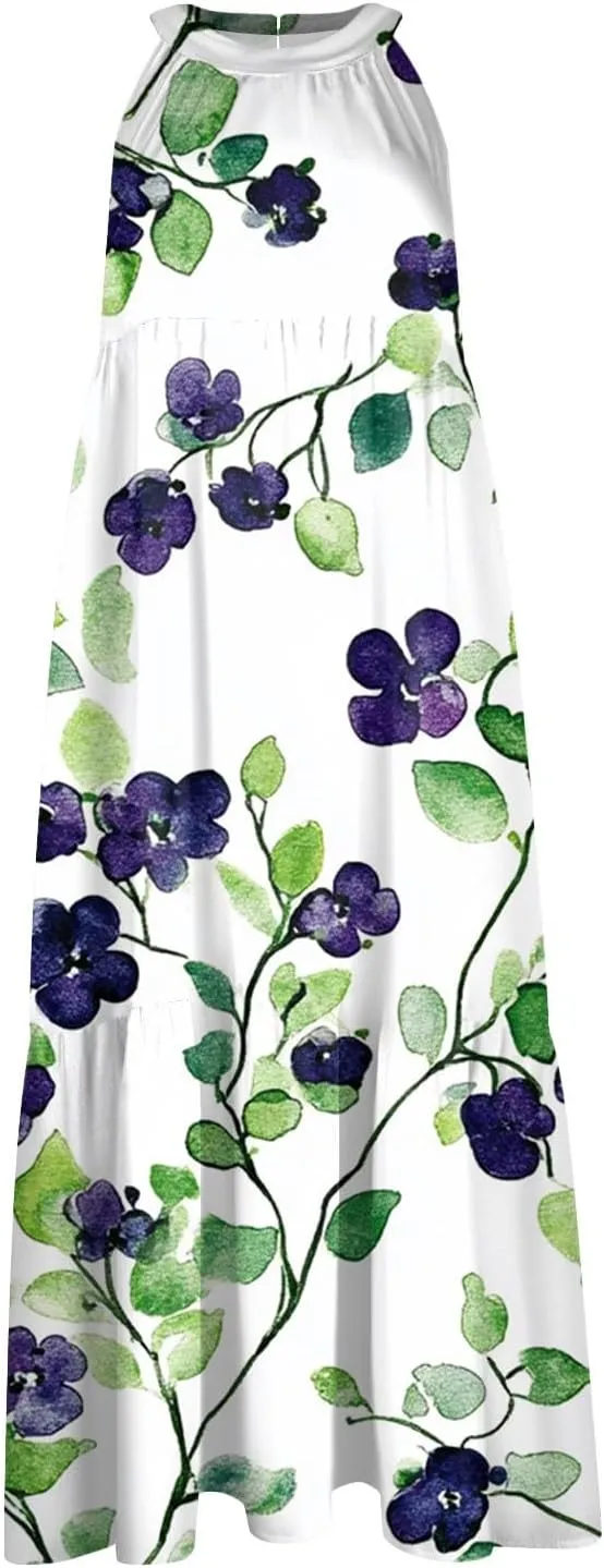 Dresses for Women 2025 Hanging Neck Splicing Beach Dress Floral Print Sleeveless Tank Dresses Casual Midi Dresses