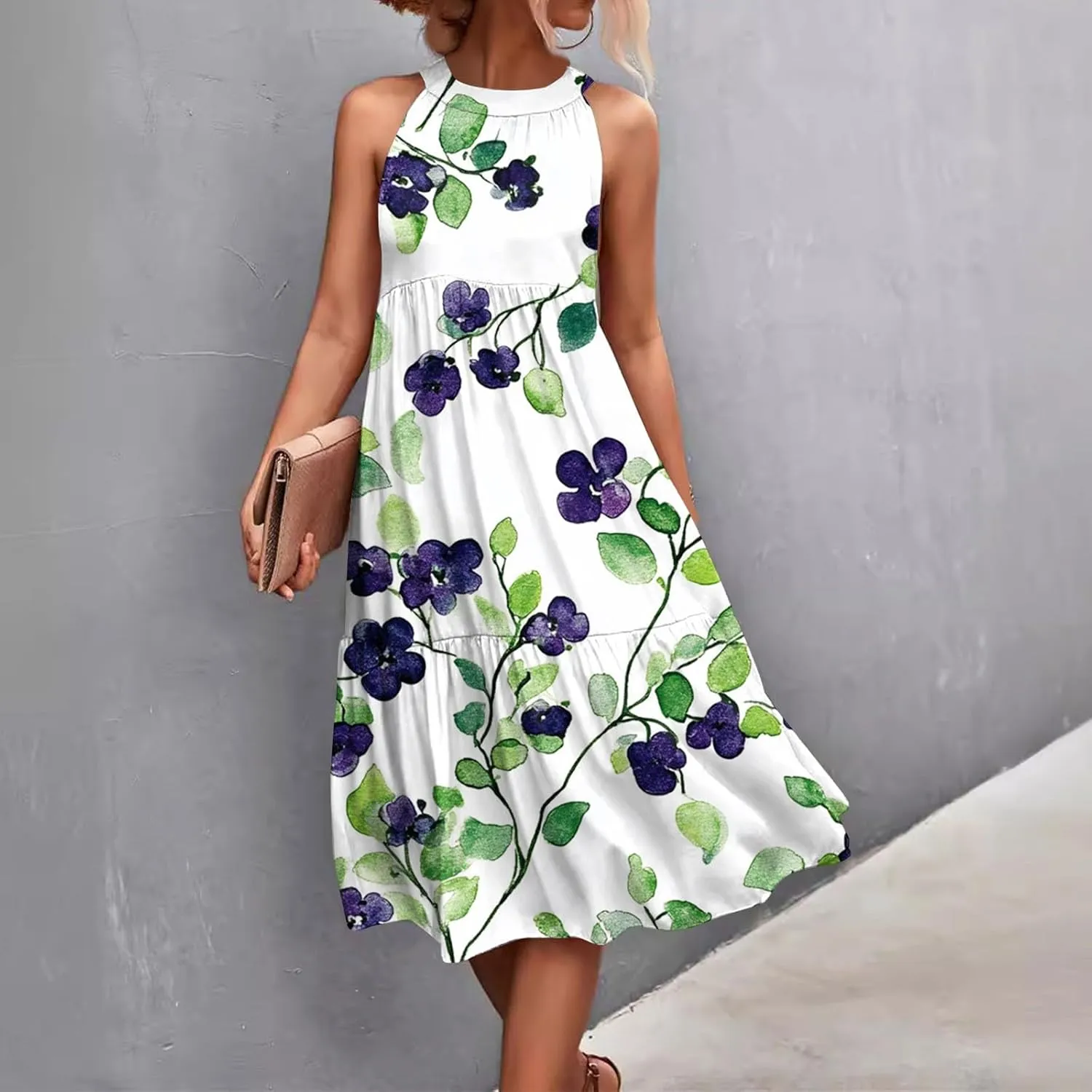 Dresses for Women 2025 Hanging Neck Splicing Beach Dress Floral Print Sleeveless Tank Dresses Casual Midi Dresses