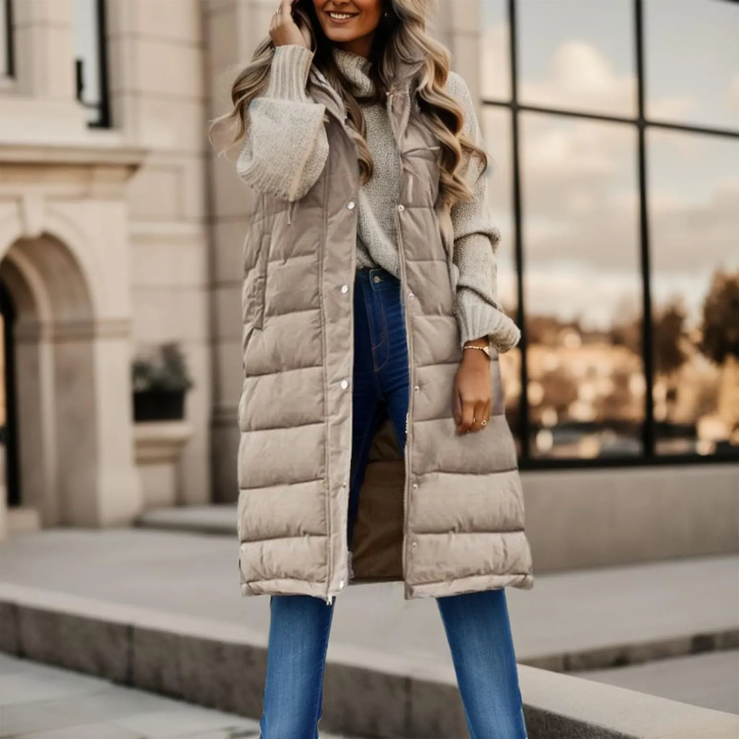 Eduavar Jackets for Women Trendy Winter Puffer Jacket Womens with Hood Warm Sleeveless Down Vest Full Zip Cardigan Coats