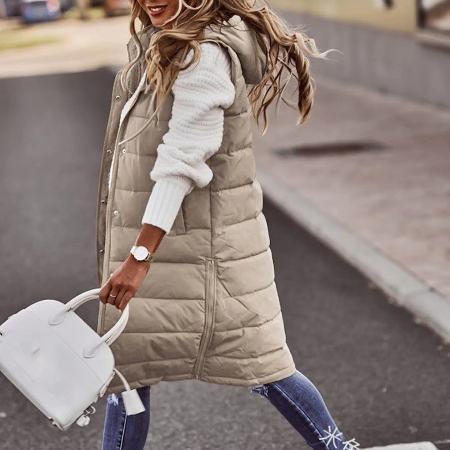 Eduavar Jackets for Women Trendy Winter Puffer Jacket Womens with Hood Warm Sleeveless Down Vest Full Zip Cardigan Coats