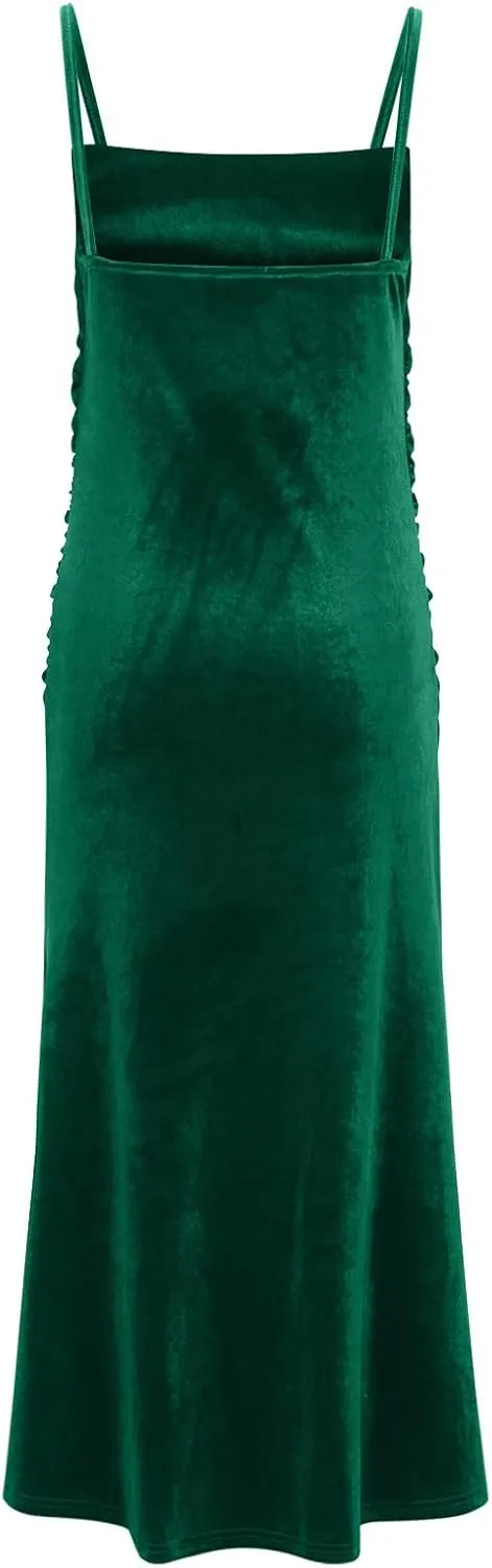 Elegant Velvet Dress for Women Spaghetti Strap Sleeveless Bodycon Mermaid Dress Ruched Cocktail Party Dresses
