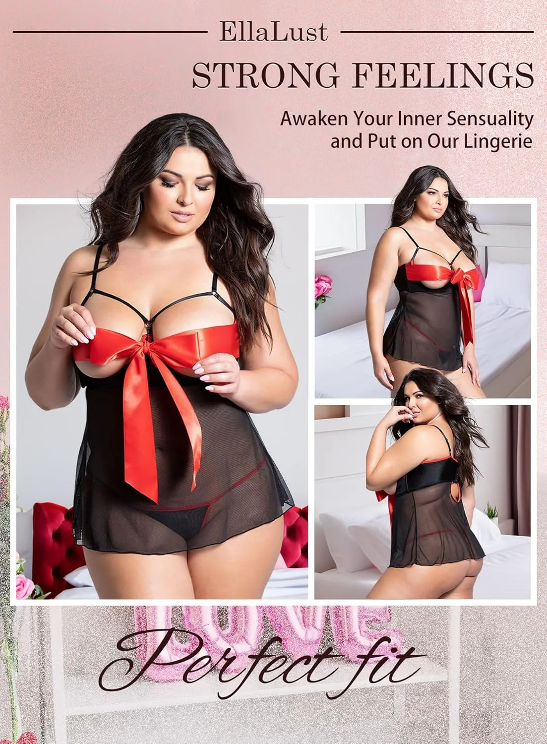 Ella Lust Unwrap Me Lingerie for Women - Sexy Plus Size Babydoll for Him Red Open Bow Teddy Outfit
