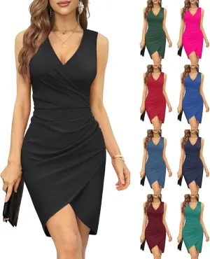 eoeioa Formal Dresses for Women Evening Party Sleeveless Wrap V Neck Ruched Bodycon Dresses Summer Elegant Cocktail Dresses