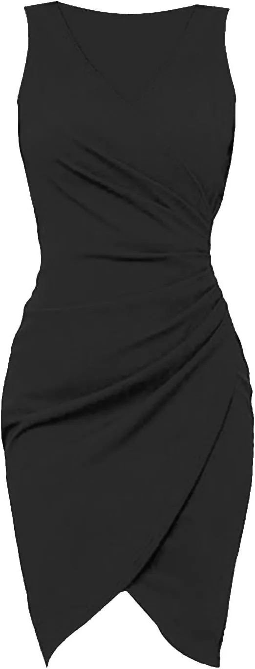 eoeioa Formal Dresses for Women Evening Party Sleeveless Wrap V Neck Ruched Bodycon Dresses Summer Elegant Cocktail Dresses