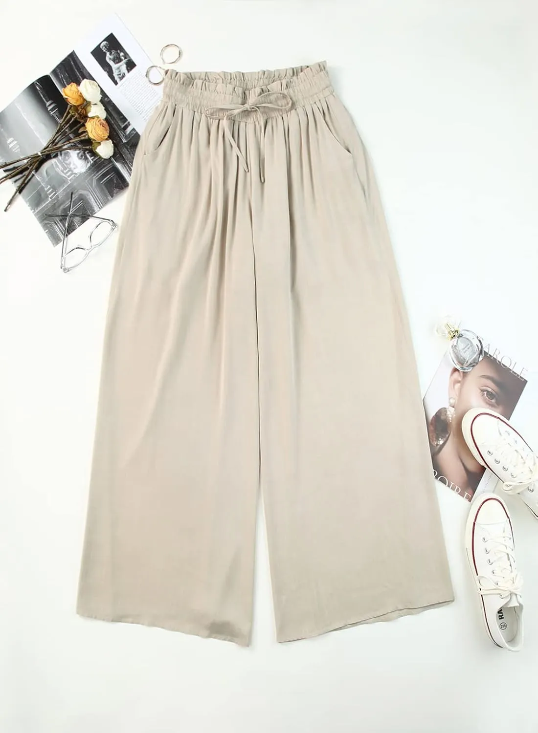 EVALESS Womens Casual Wide Leg Pants Flowy Elastic Drawstring Waist Palazzo Pants with Pockets