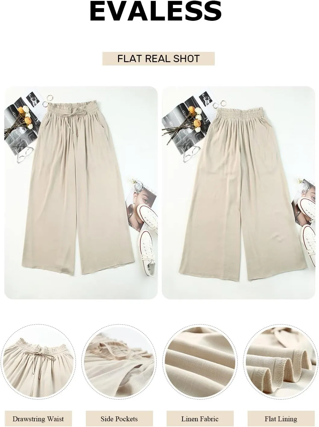 EVALESS Womens Casual Wide Leg Pants Flowy Elastic Drawstring Waist Palazzo Pants with Pockets
