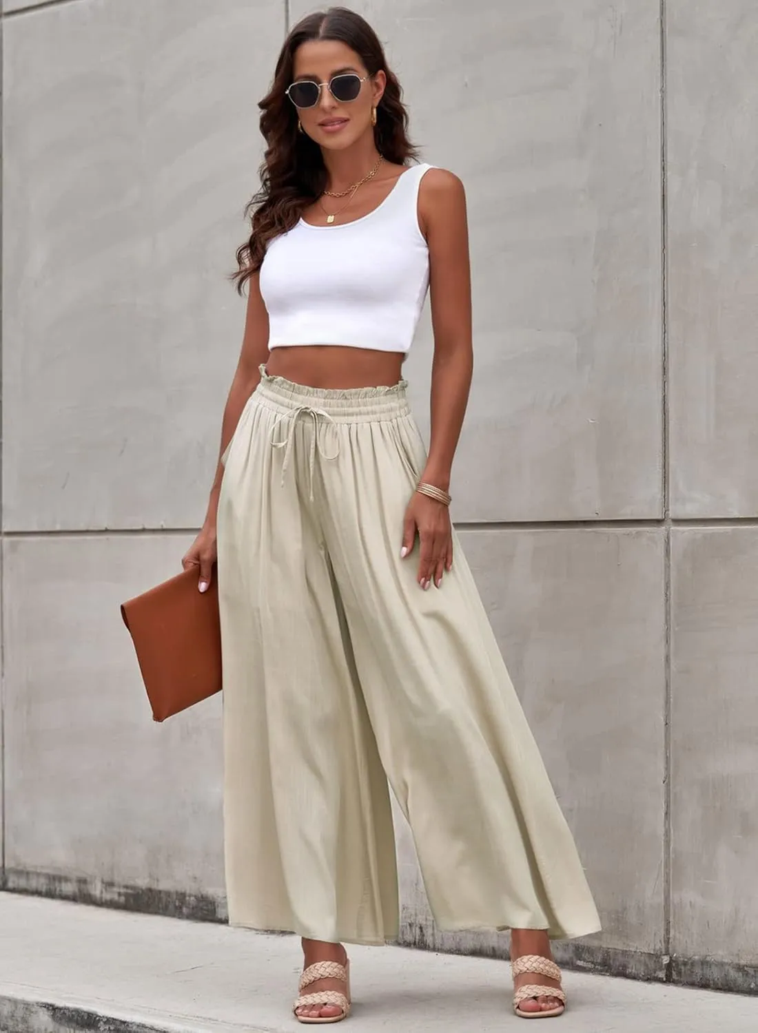 EVALESS Womens Casual Wide Leg Pants Flowy Elastic Drawstring Waist Palazzo Pants with Pockets