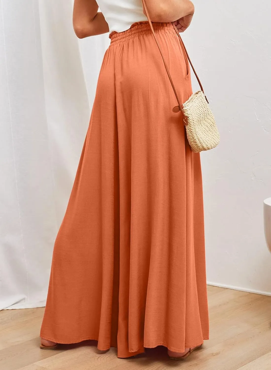 EVALESS Womens Casual Wide Leg Pants Flowy Elastic Drawstring Waist Palazzo Pants with Pockets