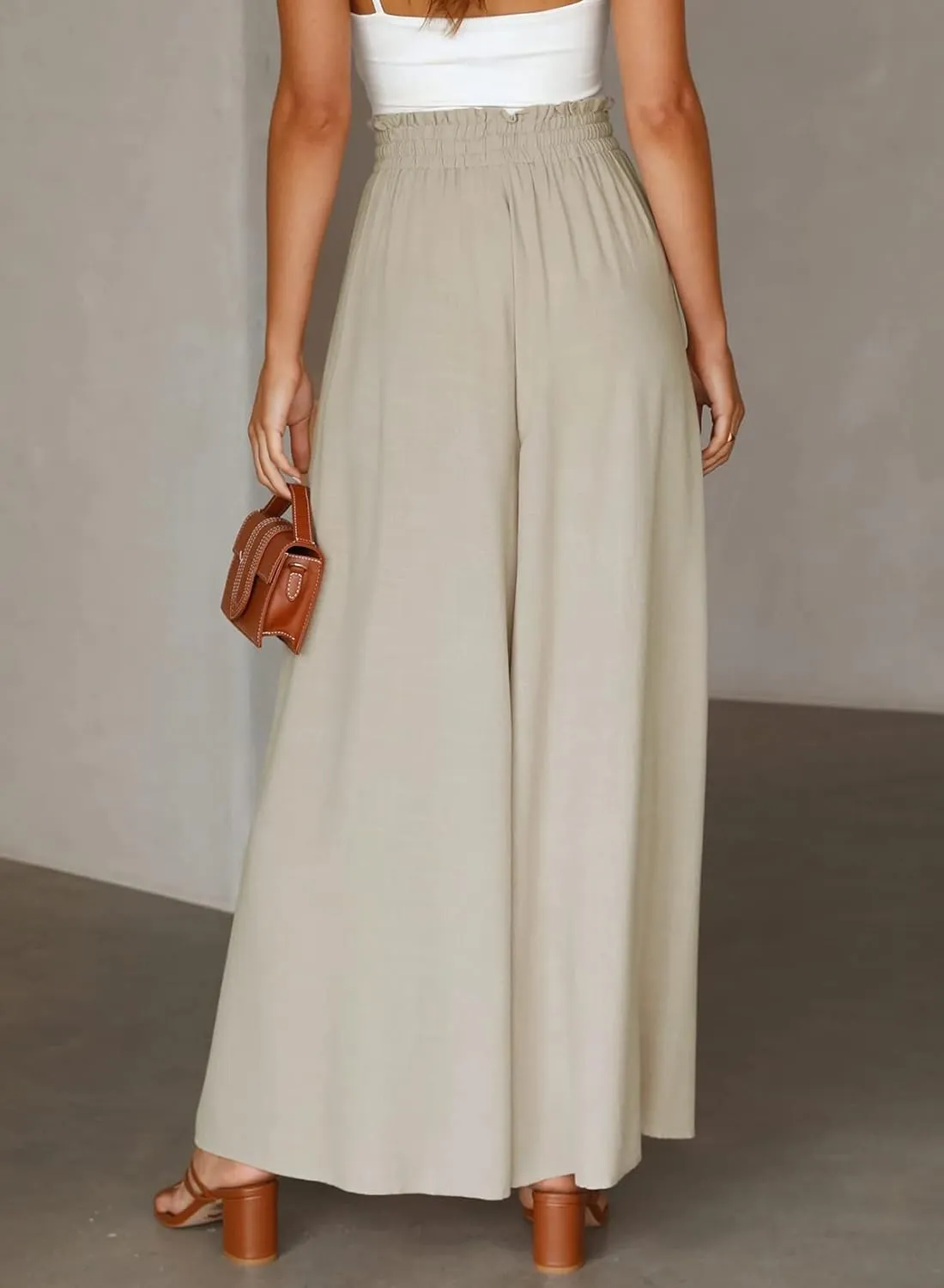 EVALESS Womens Casual Wide Leg Pants Flowy Elastic Drawstring Waist Palazzo Pants with Pockets