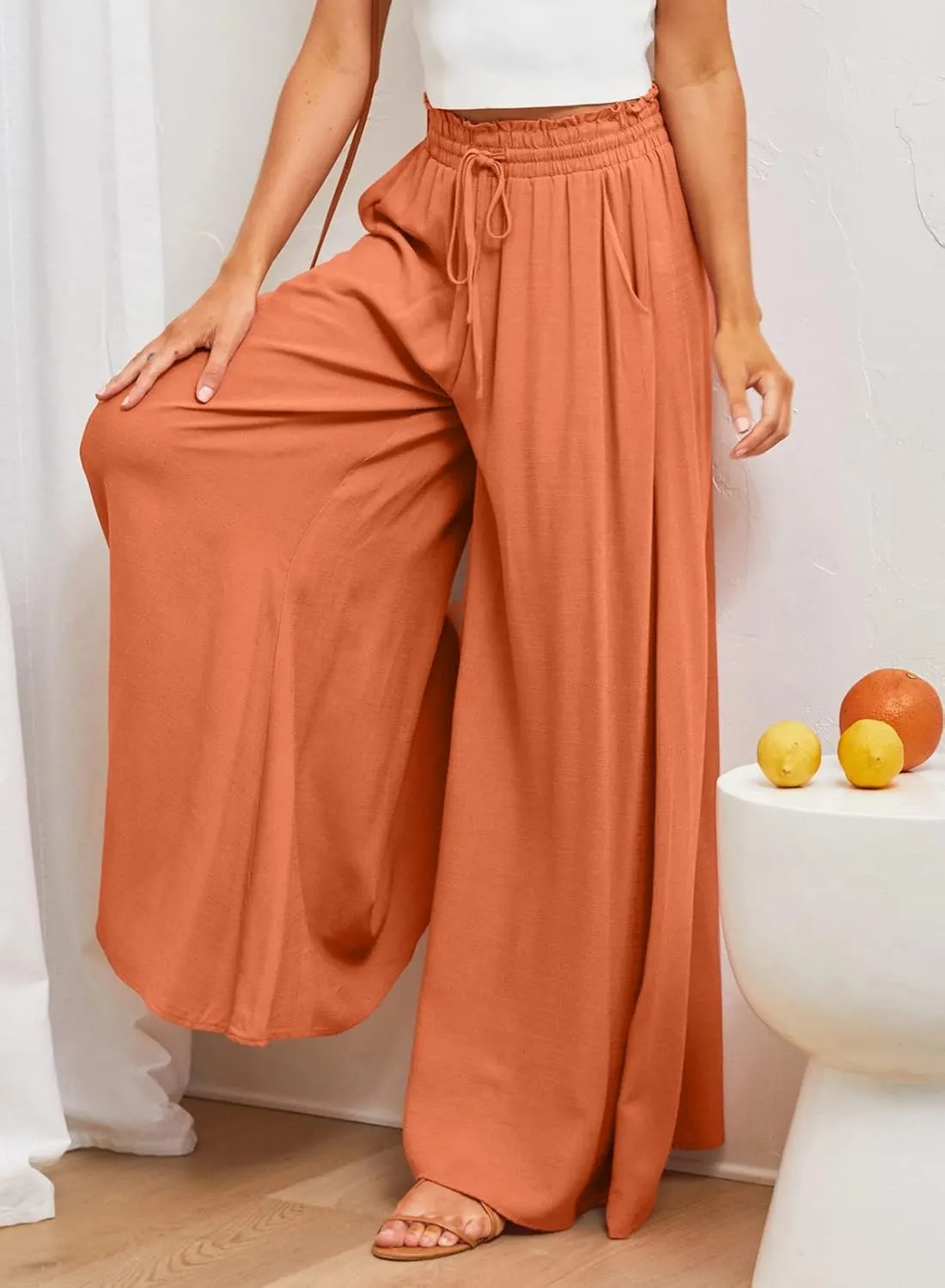 EVALESS Womens Casual Wide Leg Pants Flowy Elastic Drawstring Waist Palazzo Pants with Pockets