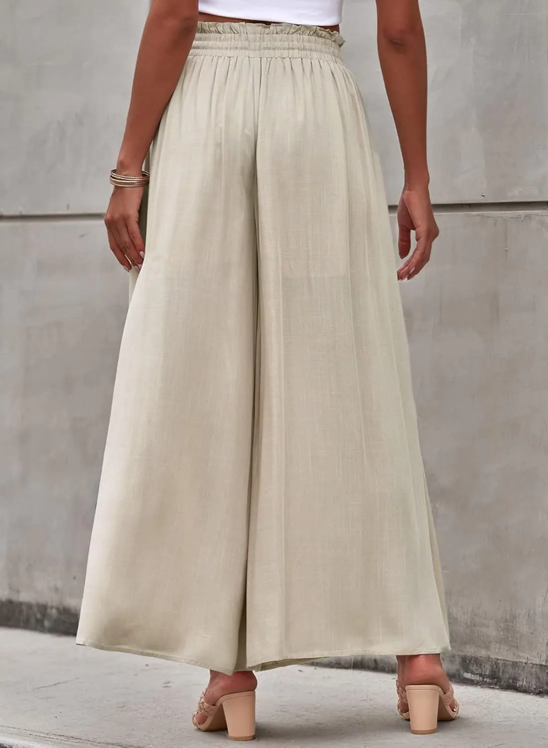 EVALESS Womens Casual Wide Leg Pants Flowy Elastic Drawstring Waist Palazzo Pants with Pockets