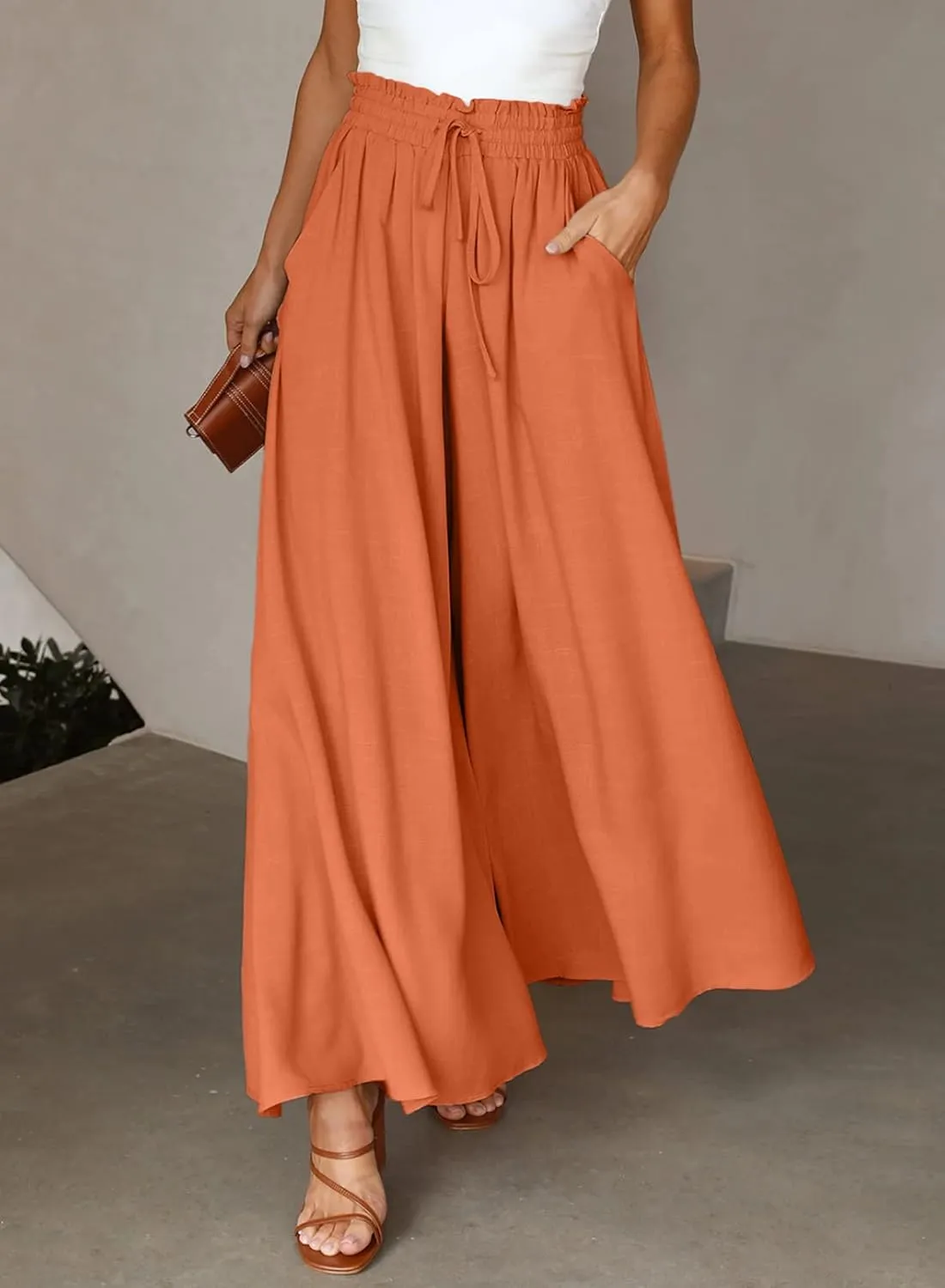 EVALESS Womens Casual Wide Leg Pants Flowy Elastic Drawstring Waist Palazzo Pants with Pockets