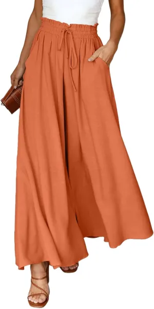 EVALESS Womens Casual Wide Leg Pants Flowy Elastic Drawstring Waist Palazzo Pants with Pockets