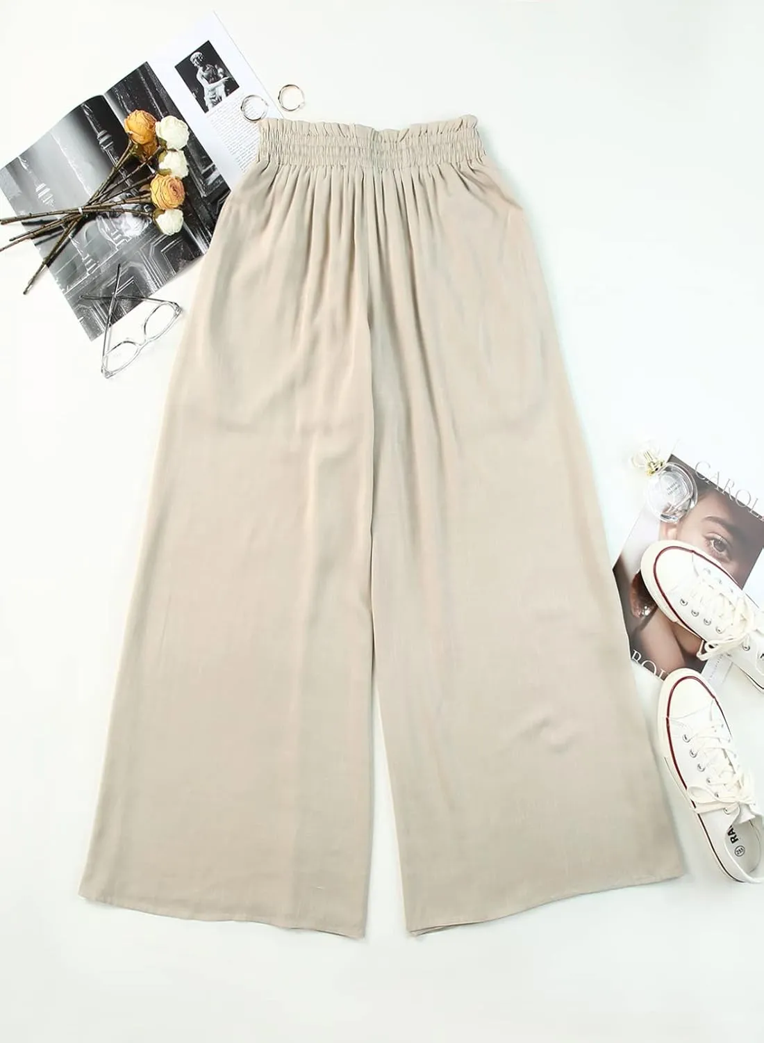 EVALESS Womens Casual Wide Leg Pants Flowy Elastic Drawstring Waist Palazzo Pants with Pockets