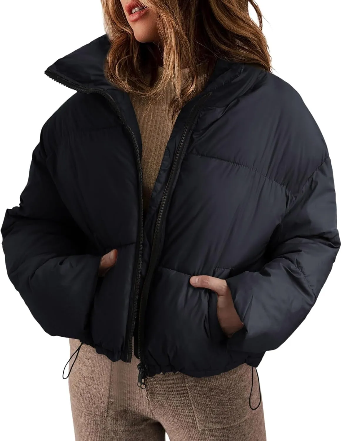 Fashion Cropped Winter Coats for Women Oversized Long Sleeve Zipper Padded Quilted Coat Thickened Warm Puffer Jacket