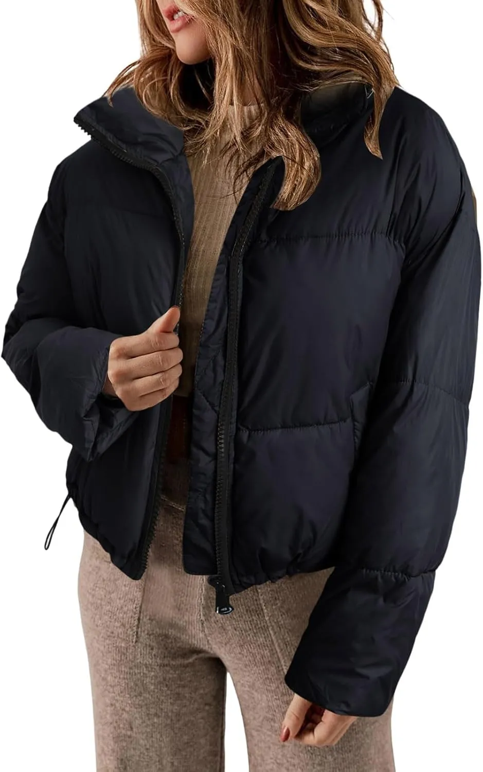 Fashion Cropped Winter Coats for Women Oversized Long Sleeve Zipper Padded Quilted Coat Thickened Warm Puffer Jacket
