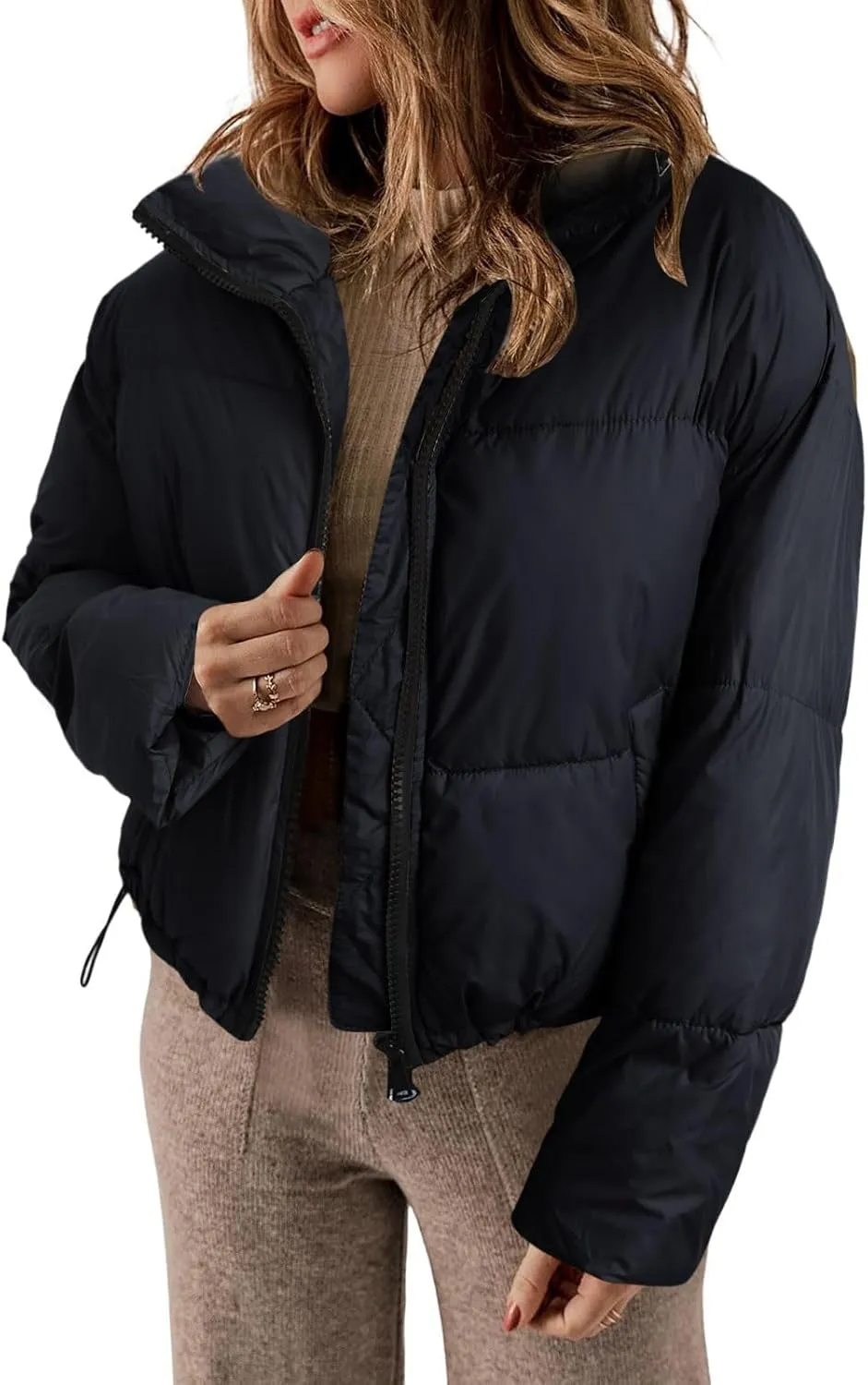 Fashion Cropped Winter Coats for Women Oversized Long Sleeve Zipper Padded Quilted Coat Thickened Warm Puffer Jacket