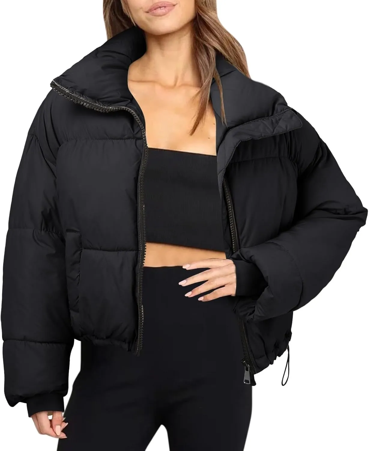 Fashion Cropped Winter Coats for Women Oversized Long Sleeve Zipper Padded Quilted Coat Thickened Warm Puffer Jacket
