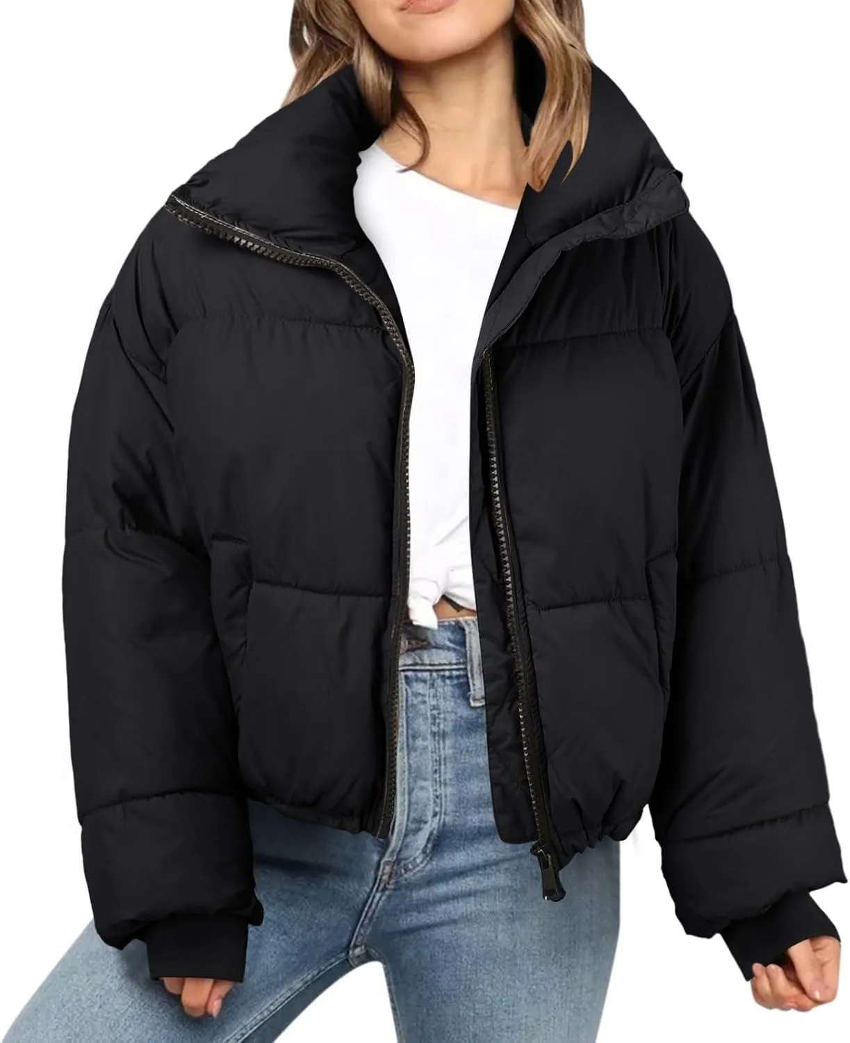 Fashion Cropped Winter Coats for Women Oversized Long Sleeve Zipper Padded Quilted Coat Thickened Warm Puffer Jacket