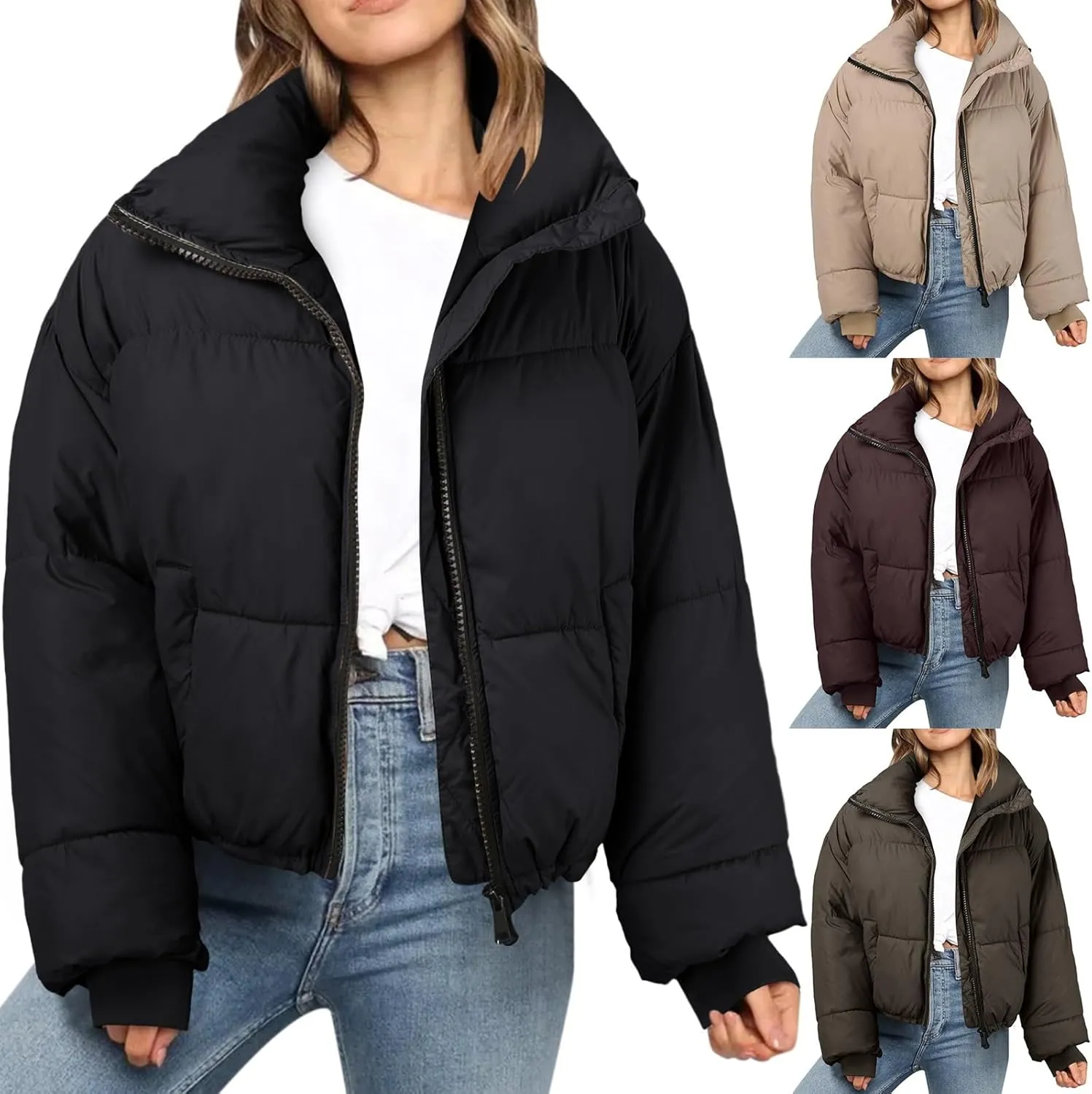 Fashion Cropped Winter Coats for Women Oversized Long Sleeve Zipper Padded Quilted Coat Thickened Warm Puffer Jacket