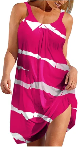 Fashion Striped Mini Dress for Women Summer Casual V Neck Sleeveless Sundress Lightweight Breathable Beach Dress