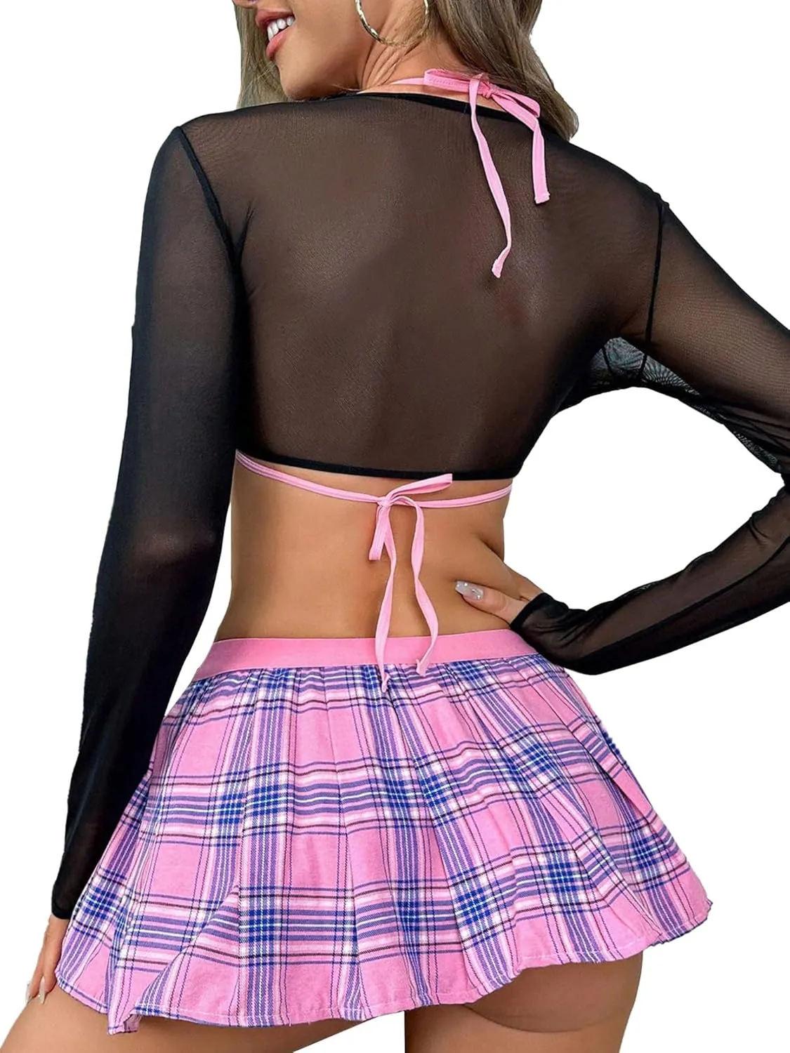FEESHOW Plaid Skirt Lingerie Set for Women Plaid Bra and Mini Pleated Skirt with Sheer Mesh Crop Top
