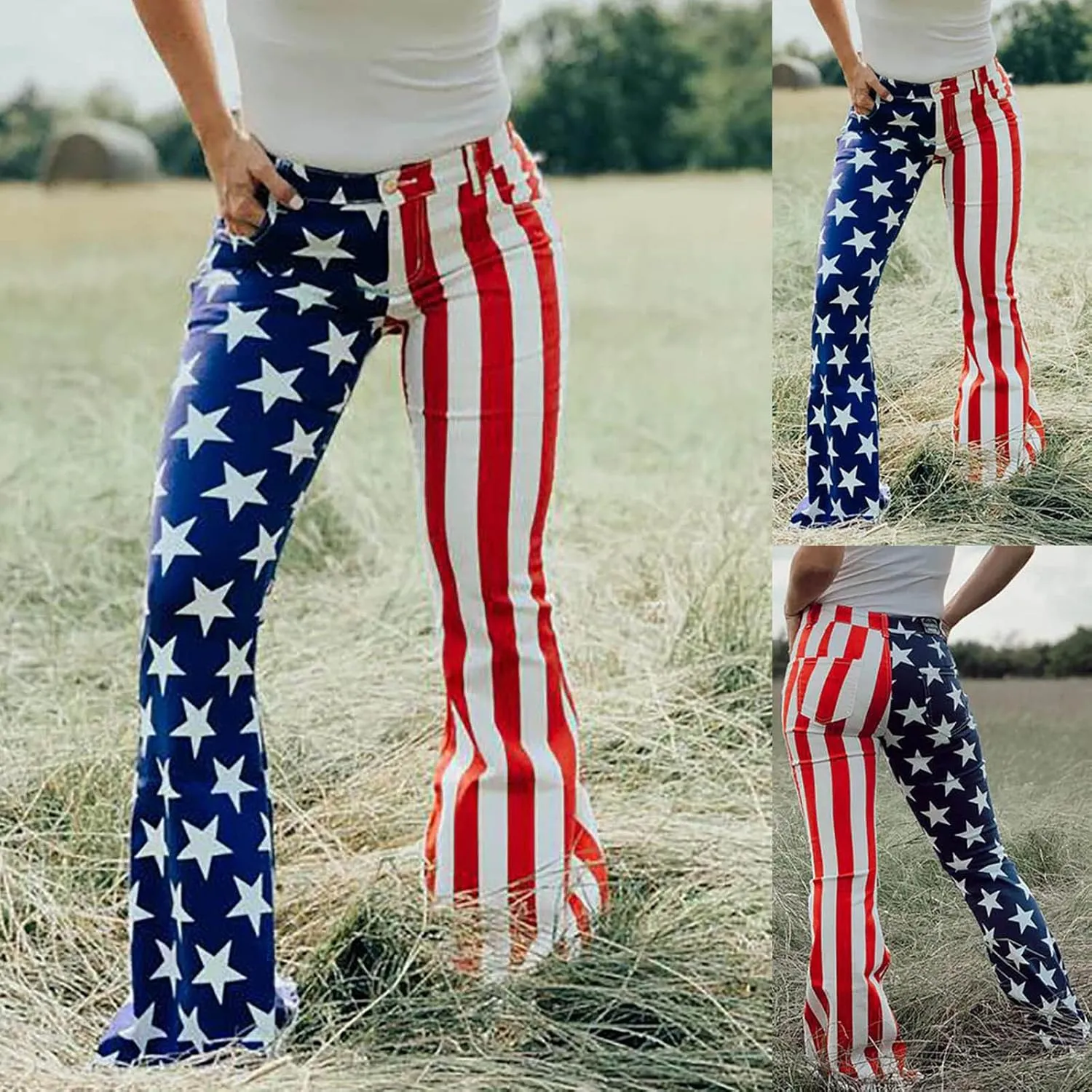 Flare Jeans for Women High Waisted Stretchy American Flag Bell Bottoms Denim Flare Pants 4th of July Patriotic Trouser