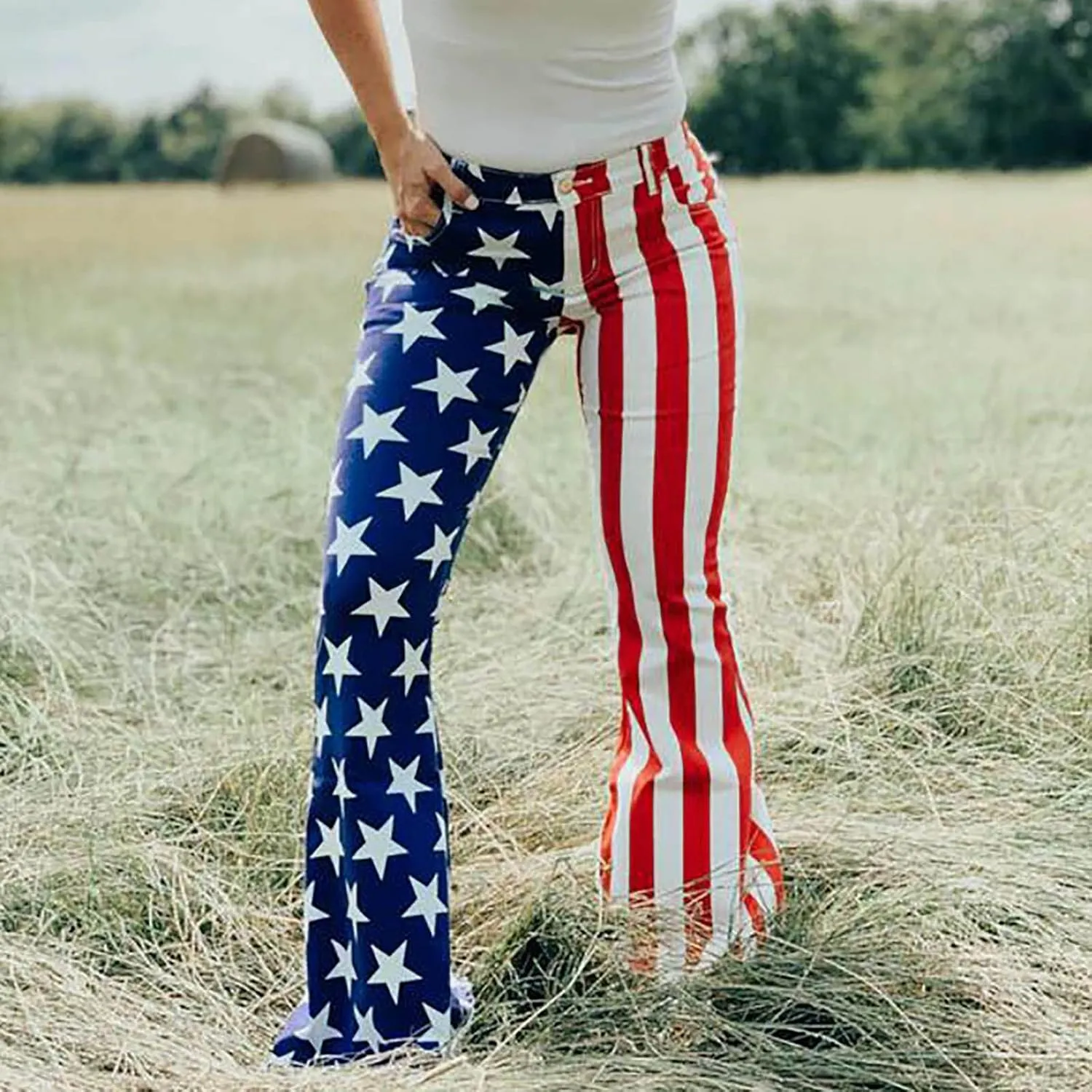 Flare Jeans for Women High Waisted Stretchy American Flag Bell Bottoms Denim Flare Pants 4th of July Patriotic Trouser