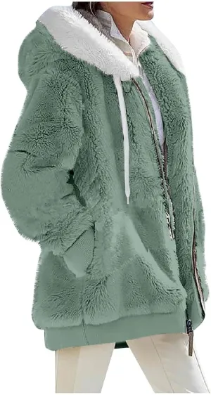 Fleece Jacket Women 2023 Winter Fuzzy Jacket Hooded Color Block Patchwork Cardigan Coats Outerwear with Pockets