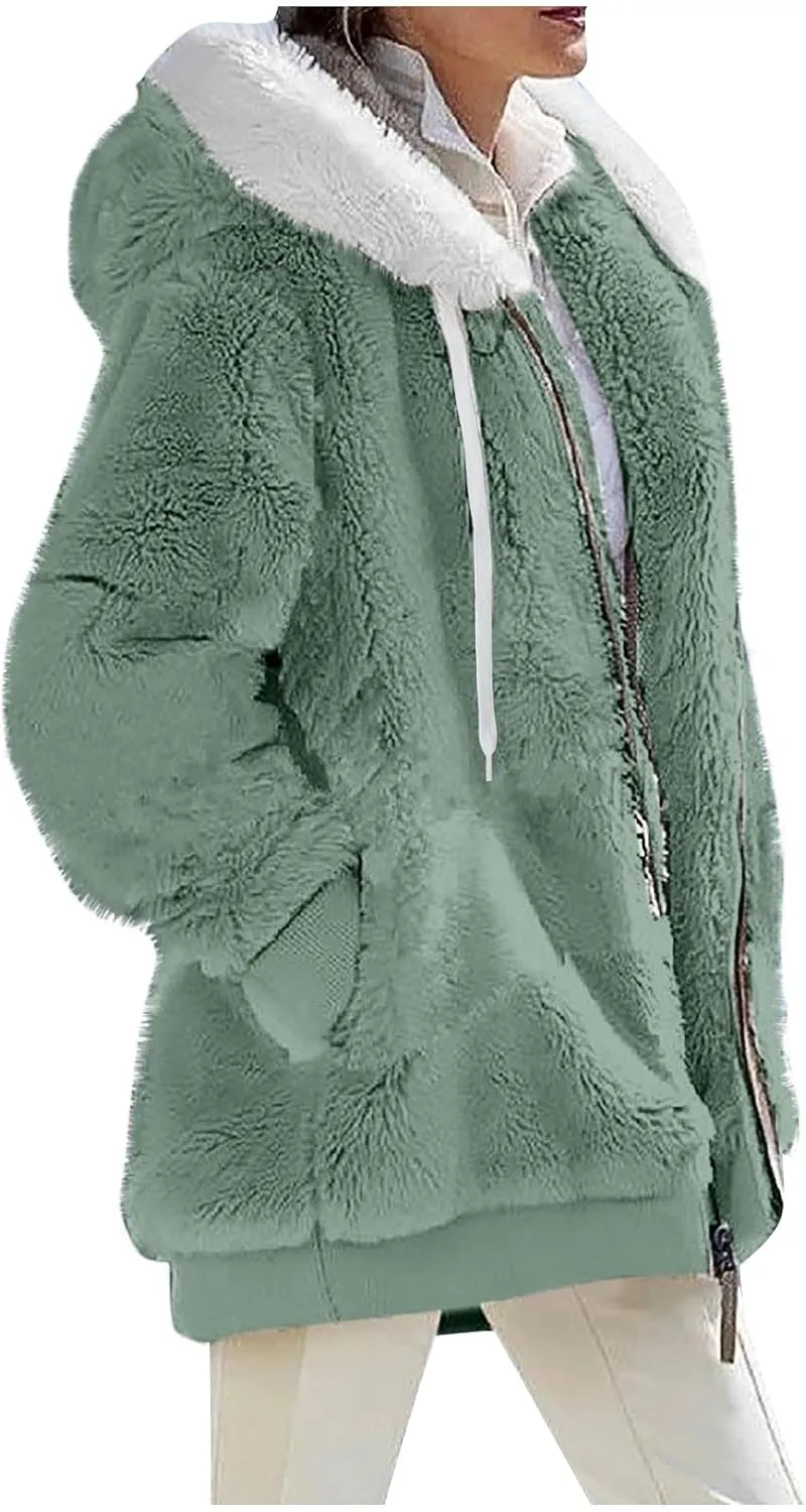 Fleece Jacket Women 2023 Winter Fuzzy Jacket Hooded Color Block Patchwork Cardigan Coats Outerwear with Pockets