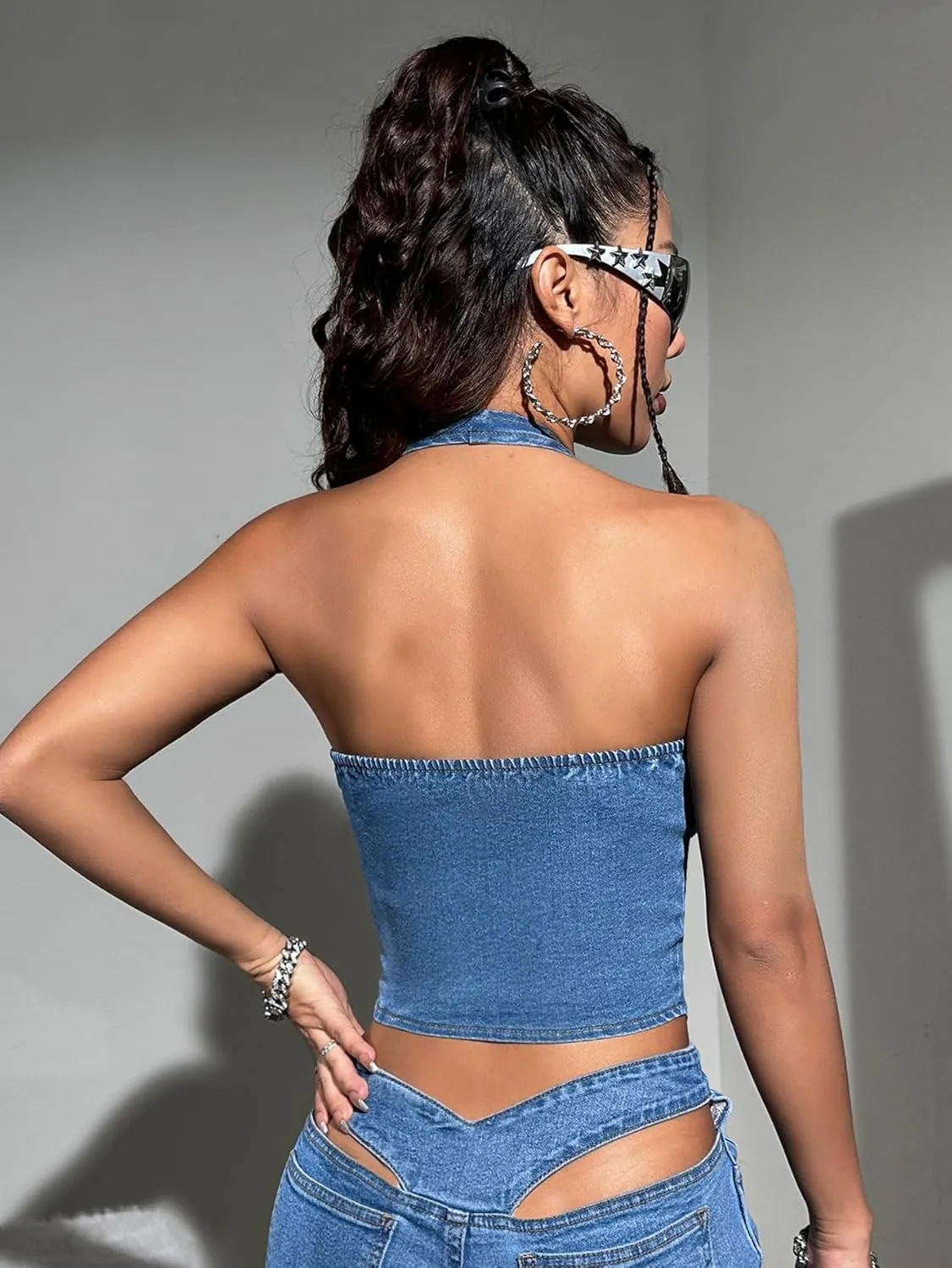 Floerns Women's Sleeveless Button Up Denim Halter Tops Ruched Asymmetrical Hem Tank Tops