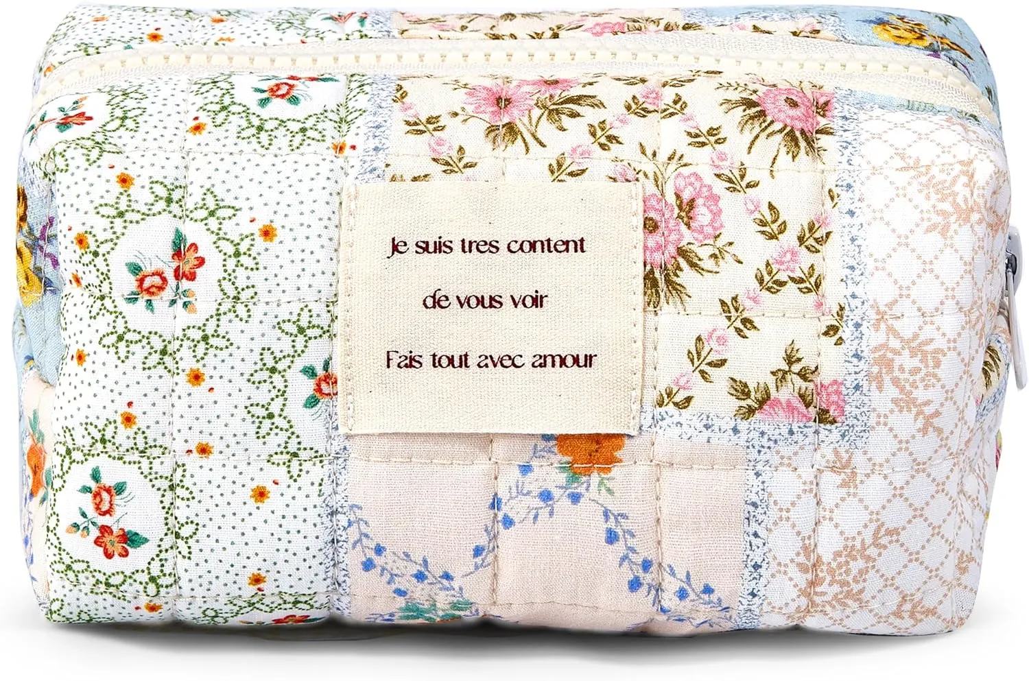 Floral Makeup Bag Small Cotton Quilted Cosmetic Makeup Bag Organizer, Aesthetic Preppy Portable Pouch Purse Toiletry Bag for Women Girls Travel accessories (Blue Floral-S)