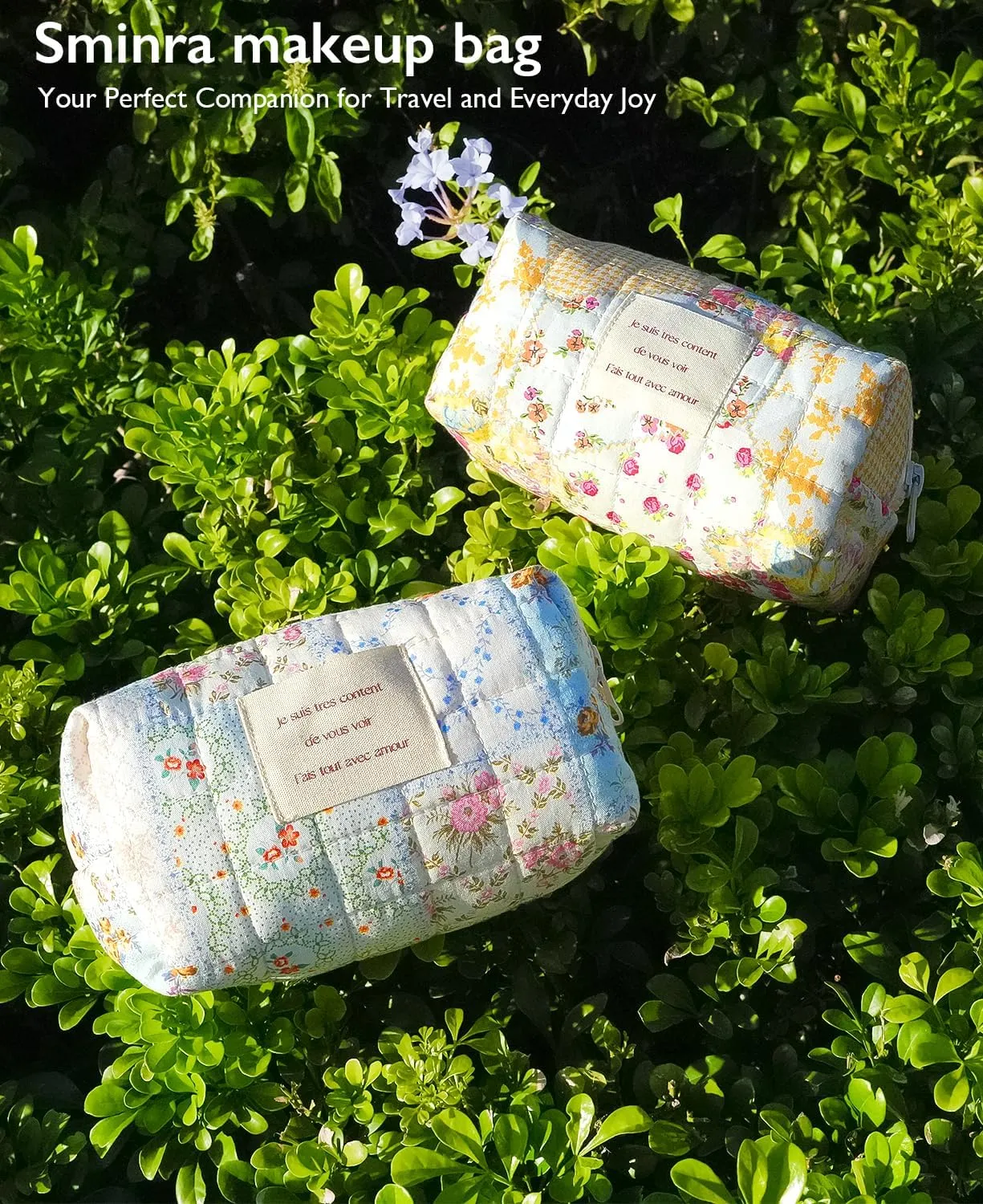 Floral Makeup Bag Small Cotton Quilted Cosmetic Makeup Bag Organizer, Aesthetic Preppy Portable Pouch Purse Toiletry Bag for Women Girls Travel accessories (Blue Floral-S)