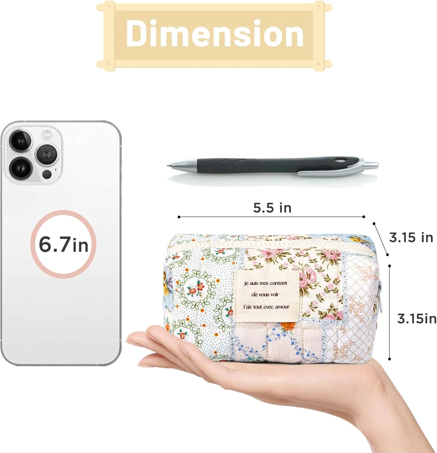 Floral Makeup Bag Small Cotton Quilted Cosmetic Makeup Bag Organizer, Aesthetic Preppy Portable Pouch Purse Toiletry Bag for Women Girls Travel accessories (Blue Floral-S)