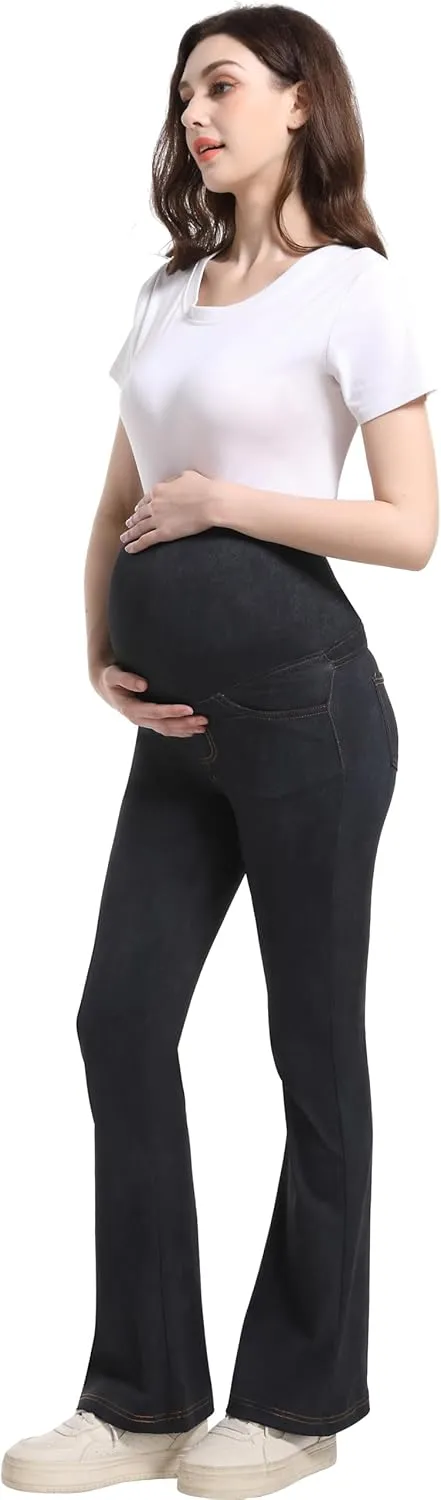 Foucome Maternity Bootcut Jeans Stretchy Flare Jeggings Pregnancy Flare Denim Pants Bell Bottoms with Pockets