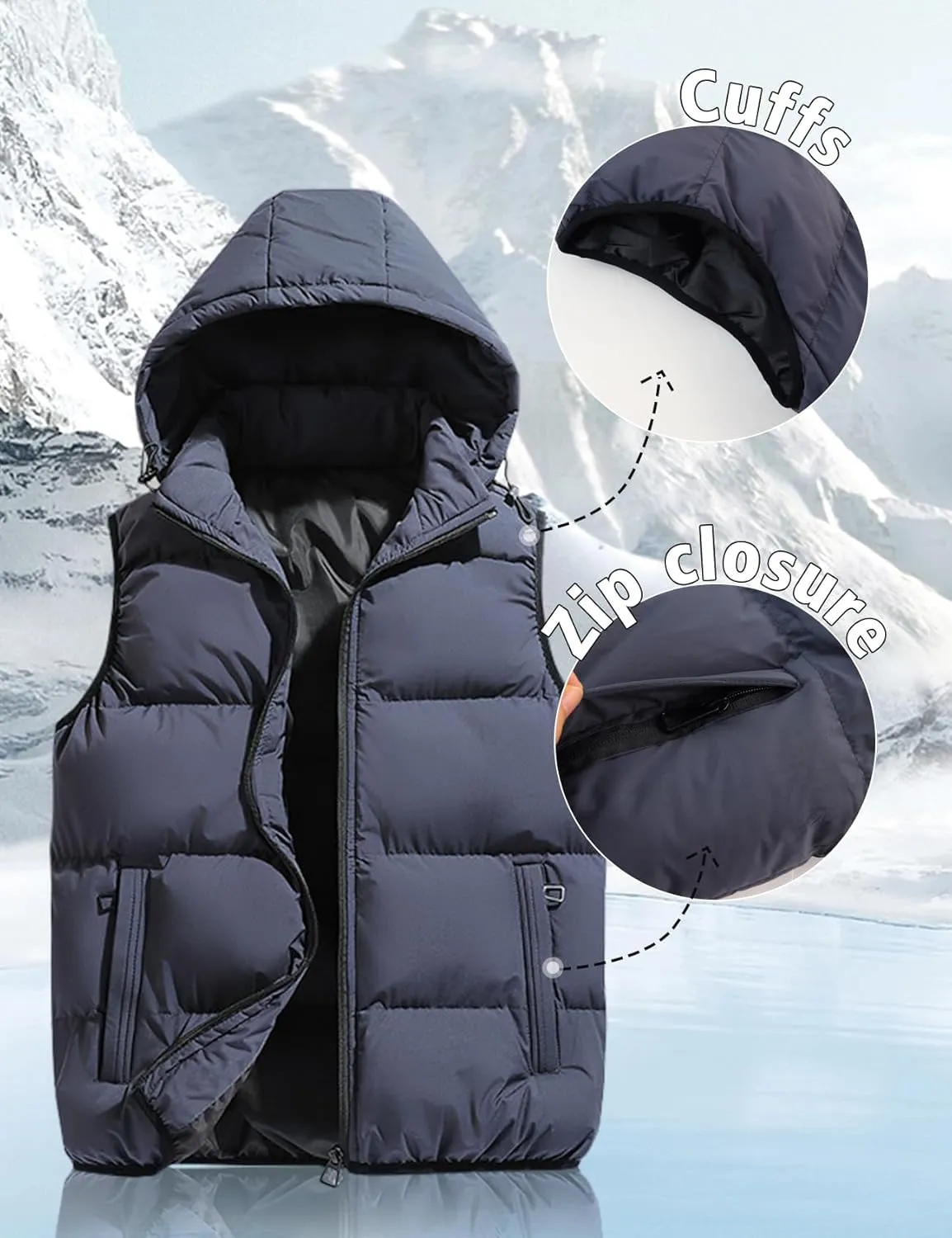 Gihuo Men's Hooded Puffer Vest Sleeveless Zip Up Padded Jackets Coat Lightweight Quilted Gilet with Pockets