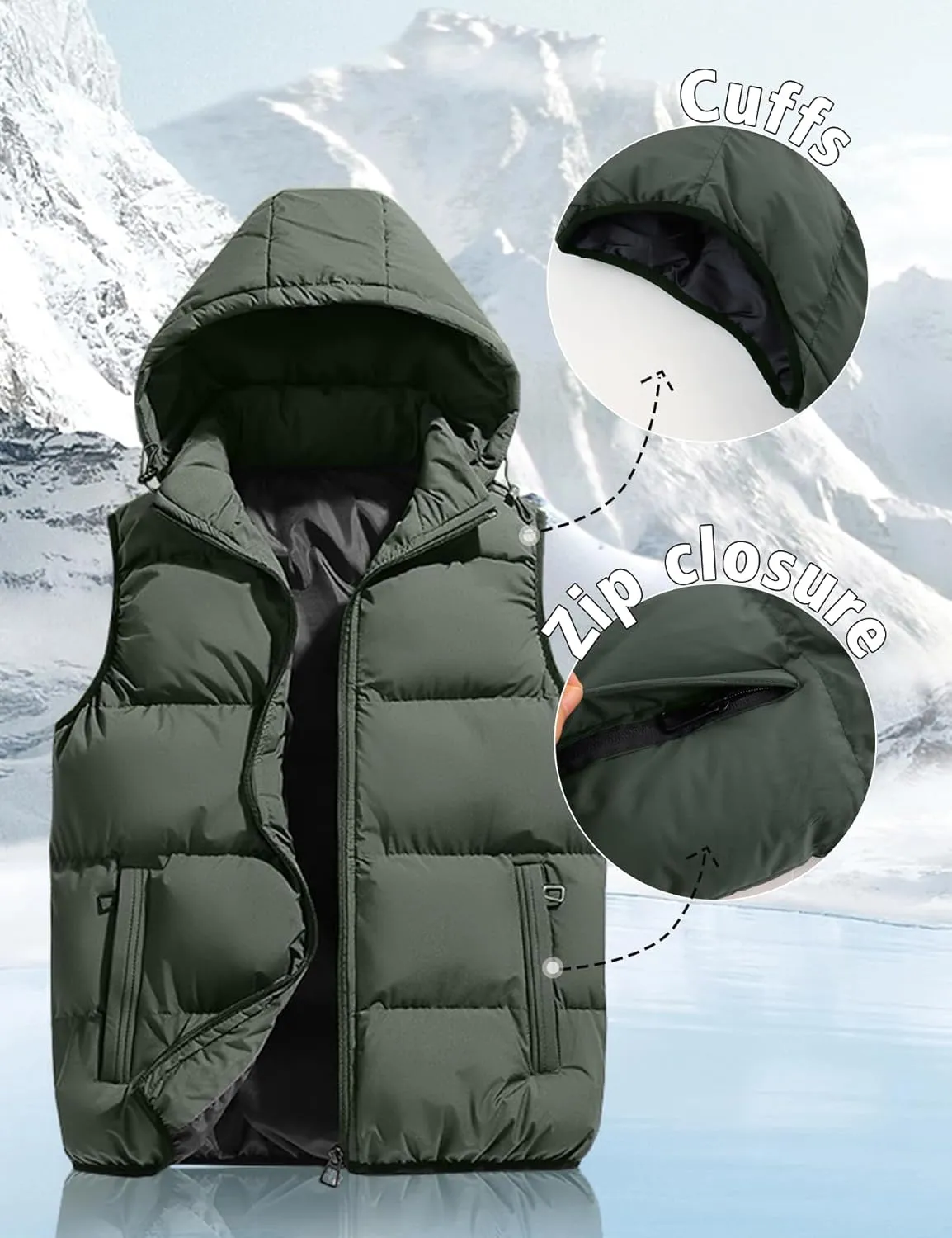 Gihuo Men's Hooded Puffer Vest Sleeveless Zip Up Padded Jackets Coat Lightweight Quilted Gilet with Pockets